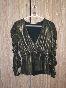 Zara Metallic Gold Ruched Sleeve Detail Blouse