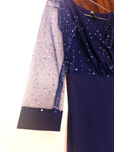 Elegant Navy Dress with Sheer Sleeves