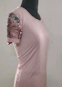 Pink Sequin Sleeve T-Shirt
