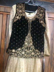 Golden Anarkali With Black Stone Work Shrug