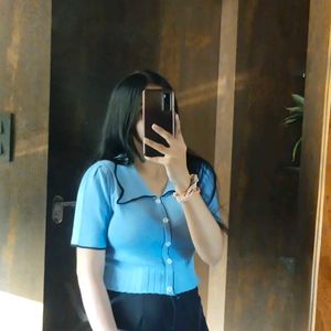 Korean Blue Cropped Cardigan Top