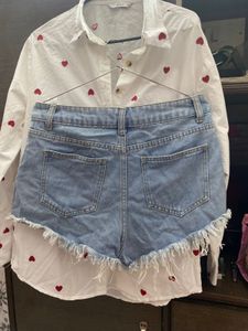 Heart Pattern Top &amp; Denim Shorts