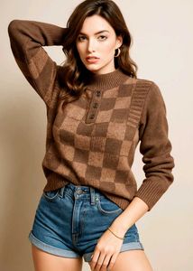Vintage Brown Checkered Knit Sweater B