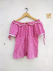 Pink Gingham Off-Shoulder Top