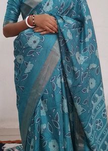 Teal Floral Print Saree With Blouse