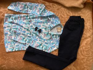 Funky Patterned Shirt &amp; Navy Blue Pants Set