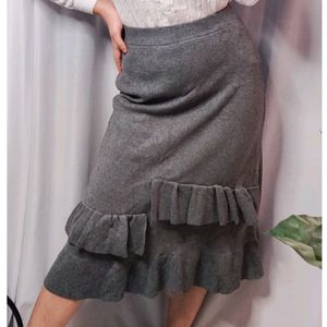 Grey Woolen A-line Skirt with Ruffles in front
