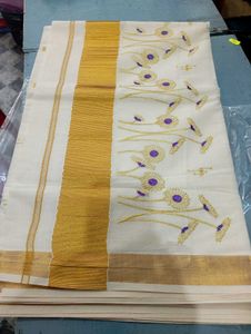 Kerala Saree with Floral Embroidery