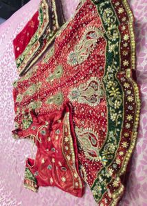 Cherry Red &amp; Green  Embroidered Lehnga With Dupatt