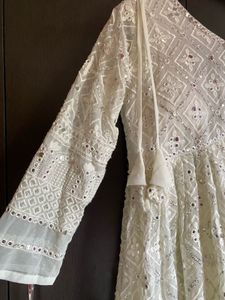 Mirror Work White Anarkali Kurta With Dupatta