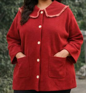 Red Cardigan Coat  with Fringed Collar