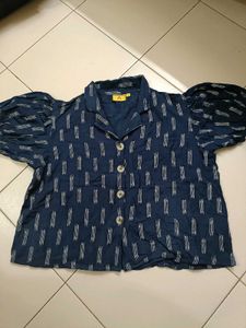 Blue Patterned Button Up Puff Sleeve Top