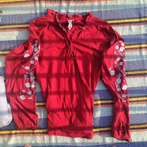 Red Embroidered Long Sleeve Top