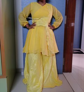 Yellow Outfit With Plazzo And Paplon Top One Sided Shrug💛