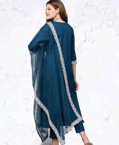 Teal Blue &amp; Motifs Embroidery Kurti Pant Dupatta