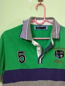Green And Purple Multicolour Tshirt With Collar