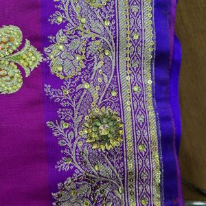 Purple Embroidered Zari Work Saree with Blouse