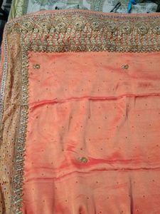 Peach Saree with Gold &amp; Blue Embroidery