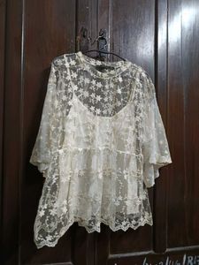 Romantic Zara Basic Cream Floral Embroidered Mesh