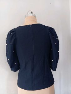 Navy Puff Sleeve Top with Pearl Detail