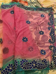 🎀Pink &amp; Blue Floral Applique Wedding Wear Saree🎀