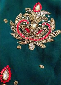 Bridal Zari Work Stone Embroidery Green &amp; Red Sare