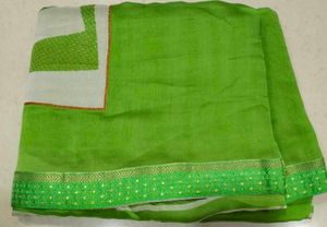 Green &amp; White Striped Saree with Gold Details