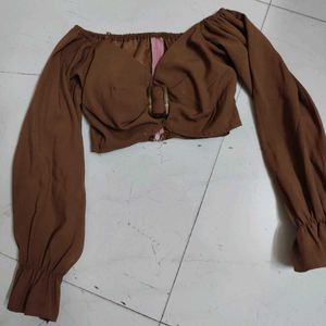 Brown Smoked Crop Top With Buckle Detail
