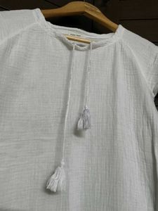 Girl White Cotton Neck Dori Tassel Dress