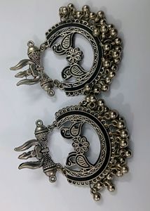 Shiv and Peacock Design Silver Oxidised Earings