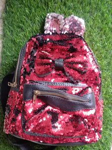 Red Sequin Backpack With Pink Bunny Ears And Bow