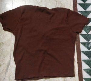 Brown Ribbed Tie-Front Top