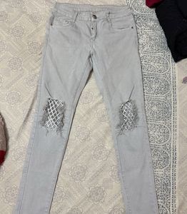Grey Distressed Jeans with Mesh Cut Outs