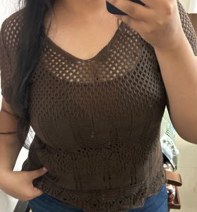 Brown Crochet Knit Top