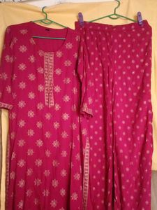 Pink &amp; Gold Print Kurti Pant Set