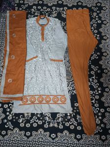 Grey Salwar Kameez with Orange Detail
