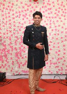 Dark Teal Floral Embossed Sherwani