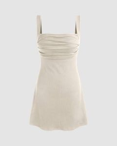 Ruched Square Neck Mini Dress In Beige