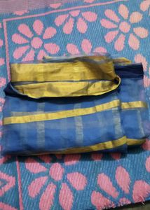 Blue Saree With Golden lines