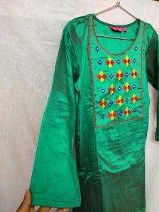 Bottle Green Silk Embroidered Kurti