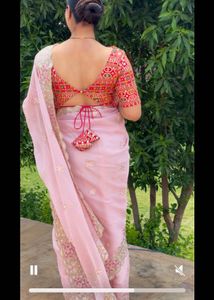 Organze Baby Pink Saree With Rani Blouse