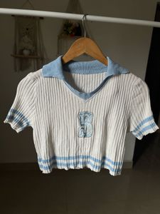 White &amp; Blue Knitted  Polo Crop Top