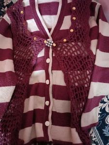 Striped Knit Cardigan with Crochet Detail