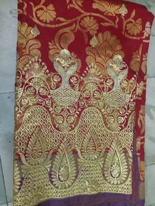 Red &amp; Gold Silk Saree with Peacock Border