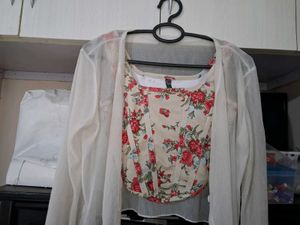 Sheer White Cardigan+Corset Top +Floral Blouse