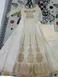 Off White Golden Art Silk Wedding Gown