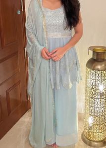 Ice Blue Embroidered Peplum Suit Set