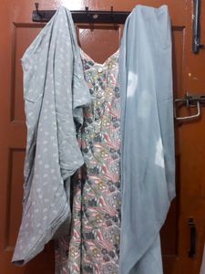 Printed Greysuit With Salwar With A Beautiful Bandhni Dupata, Cotton