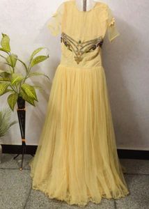 Elegant Gold Embroidered Net Evening Gown