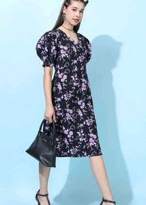 Floral Print Puff Sleeve Midi Dress